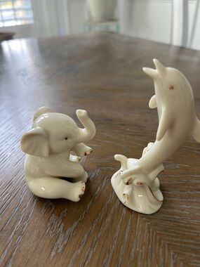 Lenox Cream Porcelain Elephant and Dolphin Figurines with Gold Accents